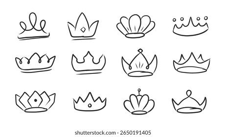 Set of Hand-Drawn Doodle Crowns in Outline Style for Royalty and Celebrations