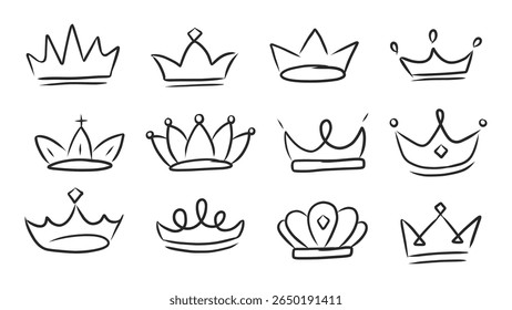 Set of Hand-Drawn Doodle Crowns in Outline Style for Royalty and Celebrations