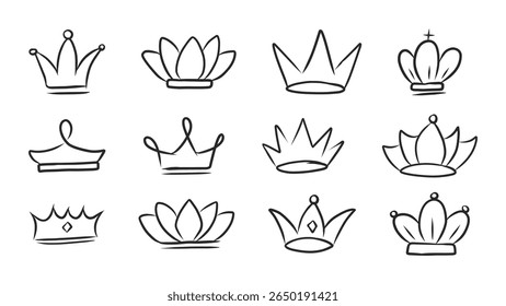Set of Hand-Drawn Doodle Crowns in Outline Style for Royalty and Celebrations