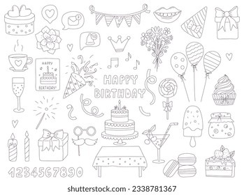 Eine Reihe handgezeichneter Doodle-Elemente zum Geburtstag, Feiern, Feiern. Umrisse dekorative Objekte. Schwarz-Weiß-Vektorgrafiken einzeln auf weißem Hintergrund. Bearbeitbare Striche.