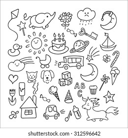 Set of hand-drawn doodle elements in children style: animals, nature, objects, sweets