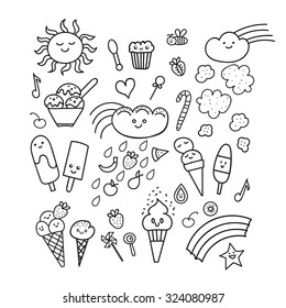 
Set of  hand-drawn doodle elements in children style: rainbow, candies, fruit, sweets