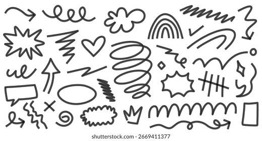 Conjunto de Elementos de doodle dibujados a mano con una textura de pintura en aerosol granulada. Colección de Formas abstractas de garabatos, flechas, burbujas de discurso y resaltados.