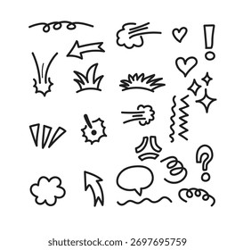 Um conjunto de elementos de rabiscar desenhados à mão para design gráfico. Inclui setas, balões de fala, nuvens, explosões e outros símbolos. Isolado no fundo branco. Ilustração vetorial.
