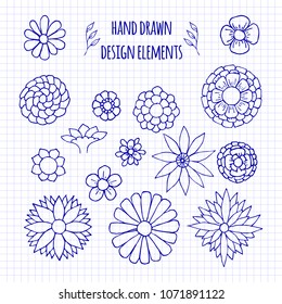 Set of hand-drawn doodle elements. Sketch style vector illustration with flowers and leaves. Rustic decorative line borders, tribal decorative elements. For seamless patterns, scrapbooking