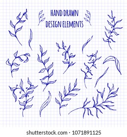 Set of hand-drawn doodle elements. Sketch style vector illustration with flowers, branch and leaves. Rustic decorative line borders, tribal decorative elements. For seamless patterns, scrapbooking