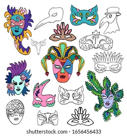 Set of hand-drawn doodle face masks. Cat masks, a Plague Doctor, of harlequin. Festival Mardi Gras, masquerade. Isolated on white background. For coloring book for adult or element for design. 