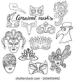 Set of hand-drawn doodle face masks. Cat masks, a Plague Doctor, of harlequin. Festival Mardi Gras, masquerade. Isolated on white background. For coloring book for adult or element for design. 