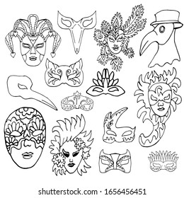 Set of hand-drawn doodle face masks. Cat masks, a Plague Doctor, of harlequin. Festival Mardi Gras, masquerade. Isolated on white background. For coloring book for adult or element for design. 