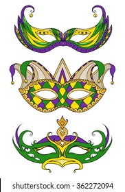 Set of hand-drawn doodle face masks. Festival Mardi Gras, masquerade.