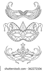 Set of hand-drawn doodle face masks. Festival Mardi Gras, masquerade.