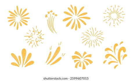 Set of hand-drawn doodle fireworks. Vector illustration. hand drawn firecrackers simple and round decoration isolated on white background.