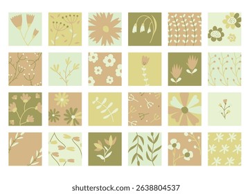 Set of hand-drawn doodle floral backgrounds. Abstract flowers and branches isolated on white, square format. Perfect for design, cards, decor.
