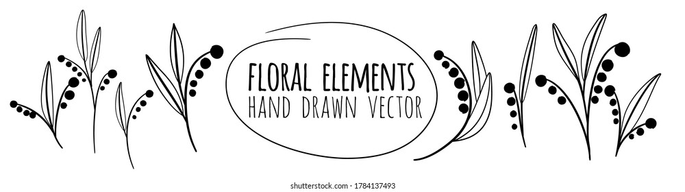 Set of hand-drawn doodle floral elements. Doodle botanical elements. Vector stock illustration.