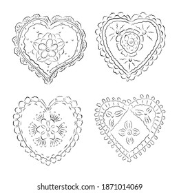 Un conjunto de corazones Doodle dibujados a mano aislados en un fondo blanco. Ilustración vectorial. Tarjeta de saludo, pegatina, impresa, Día de San Valentín.