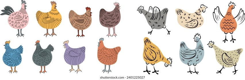 Juego de gallina de garrapatas a mano. Ilustración de pollo aislada en blanco. Pájaros domésticos aislados y coloridos dibujados a mano.