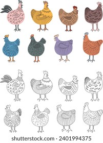 Set of hand-drawn doodle hen. Chicken illustration isolated on white. Colorful isolated domestic birds hand drawn.