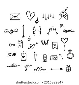 Set of hand-drawn doodle icon for Valentine's day