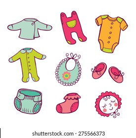 Set of hand-drawn doodle icons baby clothes and accessories.