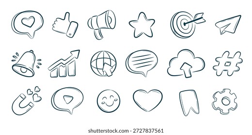 Set of hand-drawn doodle icons Digital marketing, video content, audience engagement, SEO, business growth.
