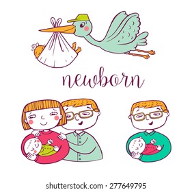 Set of hand-drawn doodle icons happy parents and stork.