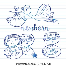 Set of hand-drawn doodle icons happy parents and stork.