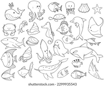 Set of hand-drawn doodle illustrations of animal undersea