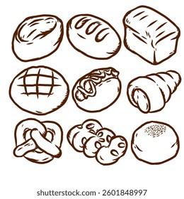Set of handdrawn doodle illustrations of bread