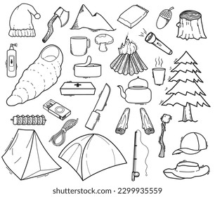 Set of hand-drawn doodle illustrations camping