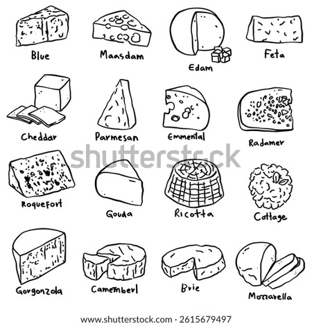 Set of hand-drawn doodle illustrations of different types of cheeses.