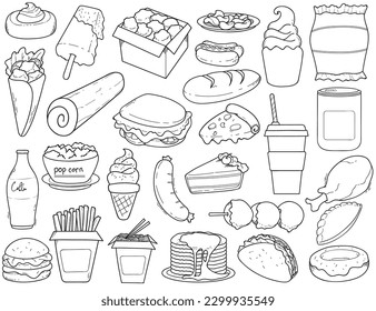 Set of hand-drawn doodle illustrations of fast food
