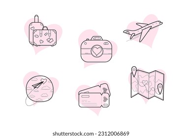 Un conjunto de ilustraciones de doodles hechas a mano de artículos relacionados con viajes