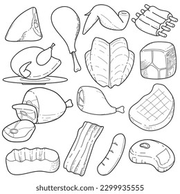 Set handgezeichnete Dodle-Illustrationen von Fleisch