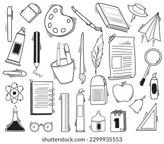 Set of hand-drawn doodle illustrations school tools