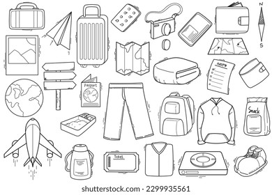 Set of hand-drawn doodle illustrations of travel
