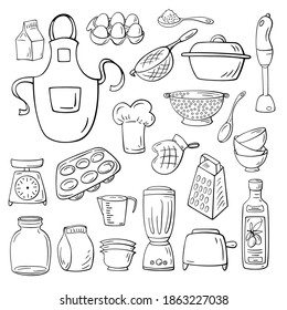Set of hand-drawn doodle kitchen supplies. Kitchenware set. Cooking utensils.