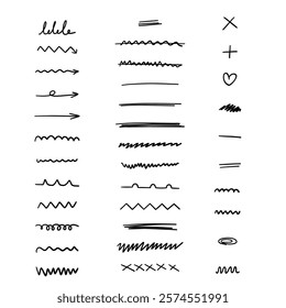 Set of hand-drawn doodle lines. Vector illustration. Sketch underline, emphasis, arrow shape set. Hand drawn brush stroke, highlight, speech bubble, underline, sparkle element.