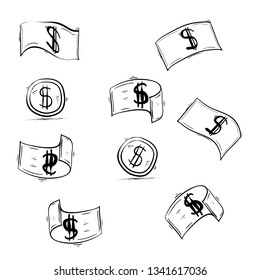 set of handdrawn doodle money vector