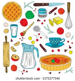 Set of hand-drawn Doodle pictures on the theme of baking Apple pie. Eggs, milk, butter, apples, baking utensils.