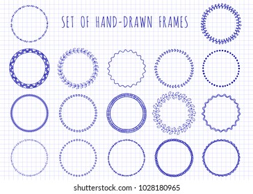 Set of handdrawn doodle round frames. Sketch style vector illustration. Rustic decorative line borders, tribal decorative elements. For seamless patterns, scrapbooking, invitations, gift cards