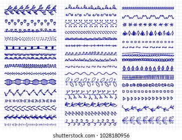 Set of handdrawn doodle seamless borders. Sketch style vector illustration. Rustic decorative line dividers, tribal elements. For seamless patterns, scrapbooking, invitations, gift cards