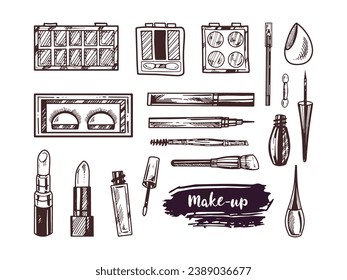 A set of hand-drawn doodle sketches of cosmetics, beauty, self-care elements.  Illustration for beauty salon, cosmetic store, makeup design. Engraved image.