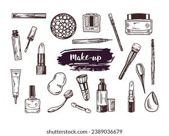 A set of hand-drawn doodle sketches of cosmetics, beauty, self-care elements.  Illustration for beauty salon, cosmetic store, makeup design. Engraved image.