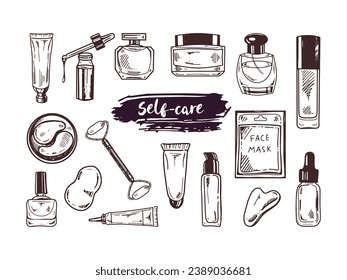 A set of hand-drawn doodle sketches of cosmetics, beauty, self-care elements.  Illustration for beauty salon, cosmetic store, makeup design. Engraved image.