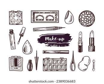 A set of hand-drawn doodle sketches of cosmetics, beauty, self-care elements.  Illustration for beauty salon, cosmetic store, makeup design. Engraved image.