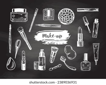 A set of hand-drawn doodle sketches of cosmetics, beauty, self-care elements on chalkboard background.  Illustration for beauty salon, cosmetic store, makeup design. Engraved image.