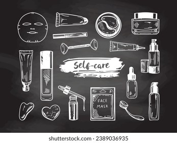 A set of hand-drawn doodle sketches of cosmetics, beauty, self-care elements on chalkboard background.  Illustration for beauty salon, cosmetic store, makeup design. Engraved image.