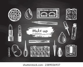 A set of hand-drawn doodle sketches of cosmetics, beauty, self-care elements on chalkboard background.  Illustration for beauty salon, cosmetic store, makeup design. Engraved image.