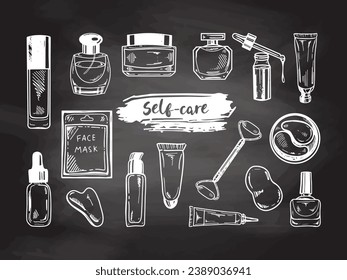 A set of hand-drawn doodle sketches of cosmetics, beauty, self-care elements on chalkboard background.  Illustration for beauty salon, cosmetic store, makeup design. Engraved image.