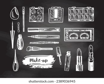 A set of hand-drawn doodle sketches of cosmetics, beauty, self-care elements on chalkboard background.  Illustration for beauty salon, cosmetic store, makeup design. Engraved image.